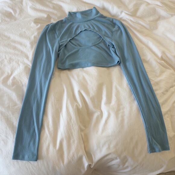 H:OURS x Revolve Blue Ribbed Knit Cropped Cardigan & Bralette Set Size S - Picture 1 of 6